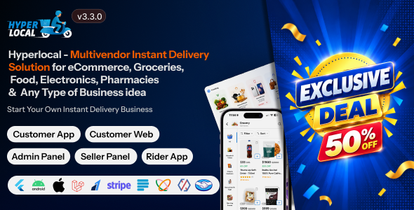 Hyperlocal - Multivendor eCommerce, Grocery, Food, Pharmacy Flutter Delivery app - Admin & Website