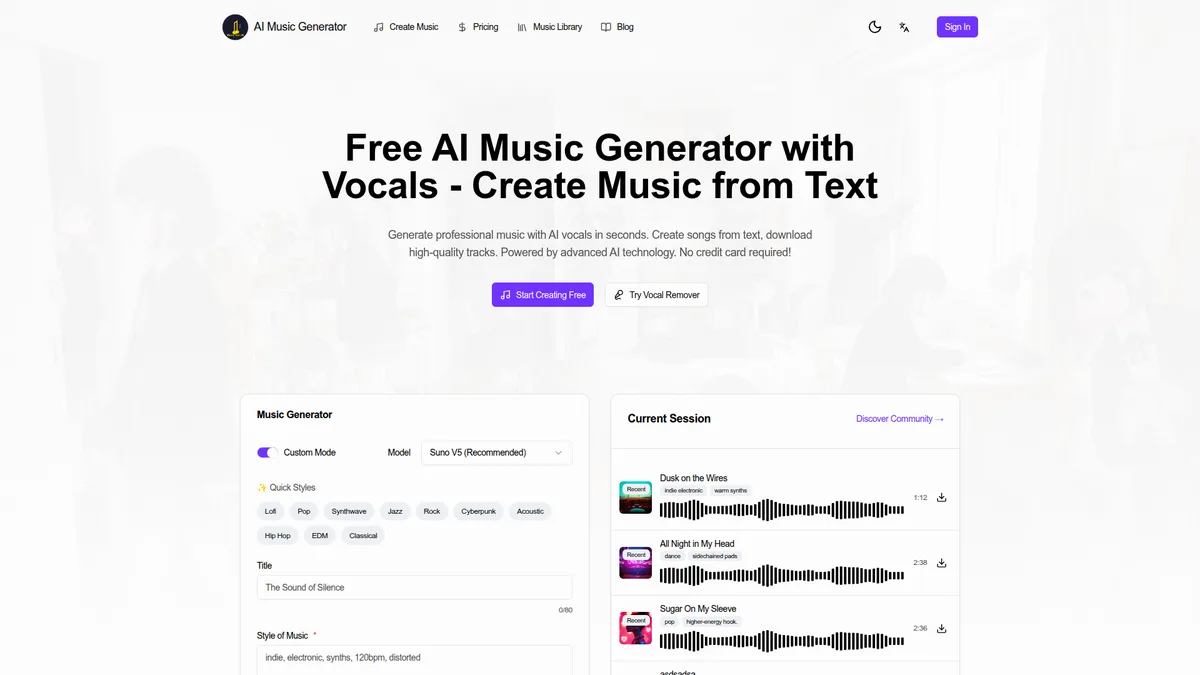 AI Music Generator Free - Create Music from Text with AI Vocals | AI Music Gen