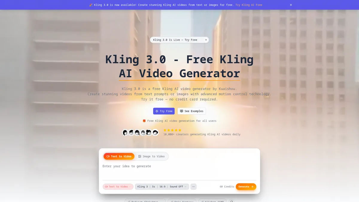 Kling 3.0 - Free Kling AI Video Generator | Text & Image to Video