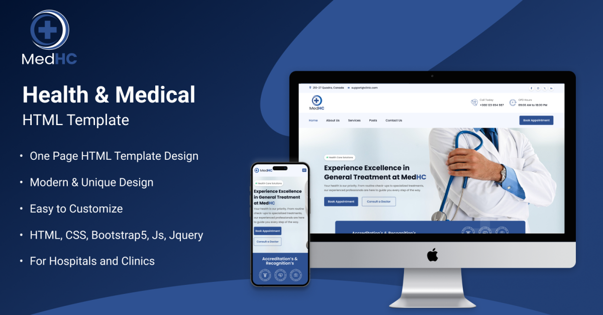 MedHc - Medical And Healthcare One Page Responsive Website Template Bootstrap