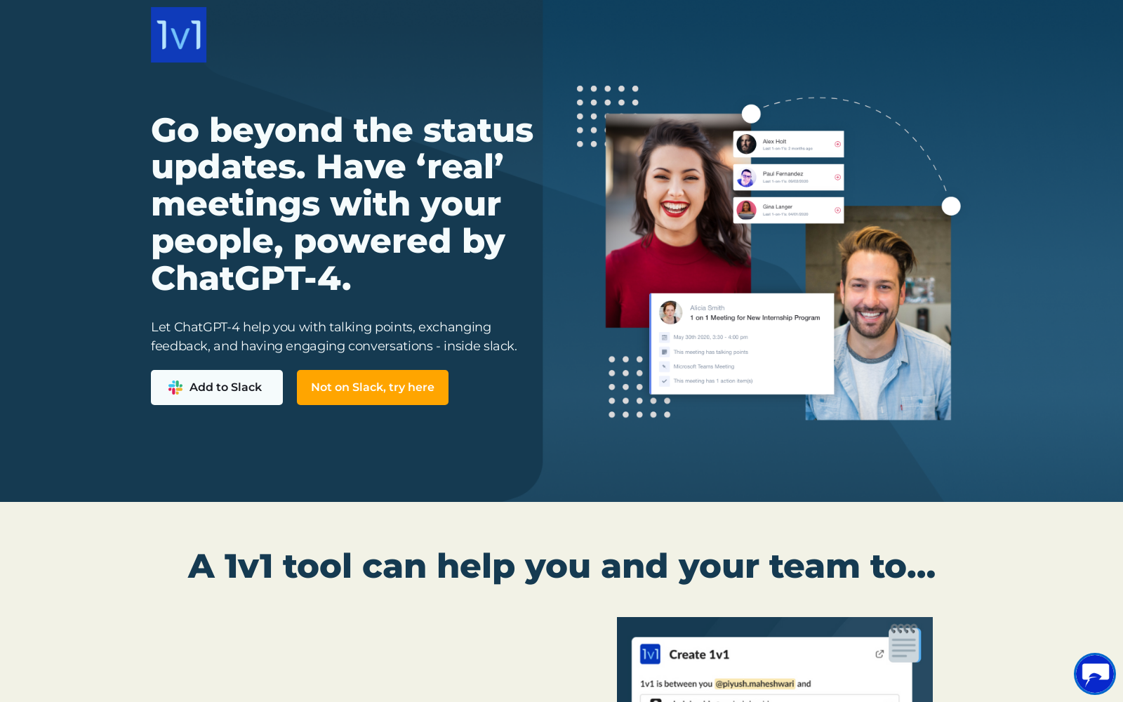 1v1 Meetings app for Slack | Powered by ChatGPT-4
