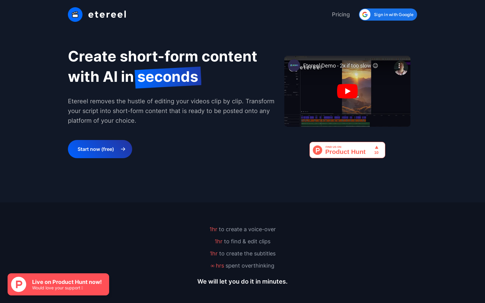Etereel - Easily generate short videos with AI in minutes.